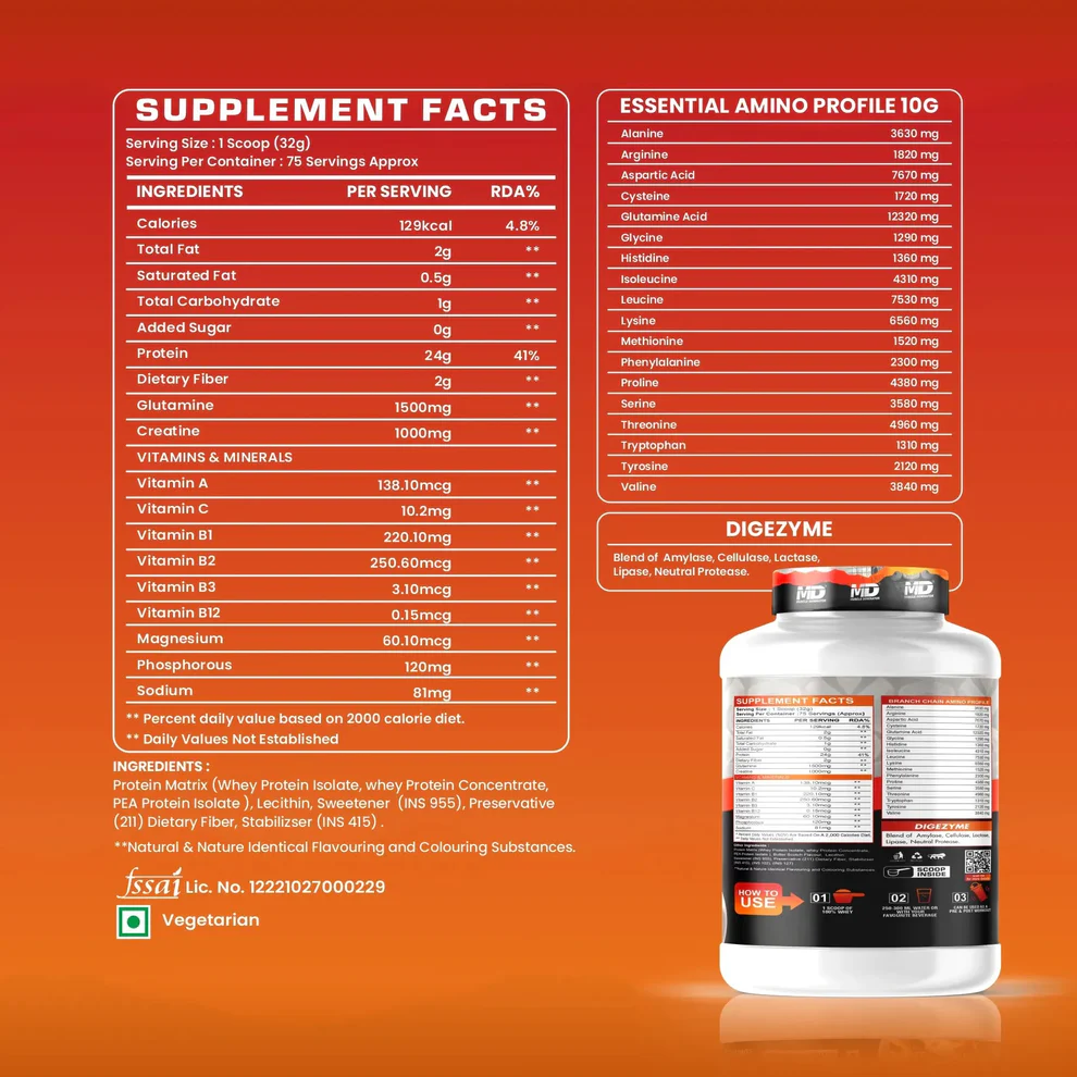 MD 100% Whey Advanced Protein | 24g Protein| 6.6g BCAA | 75 Serving - Thumbnail